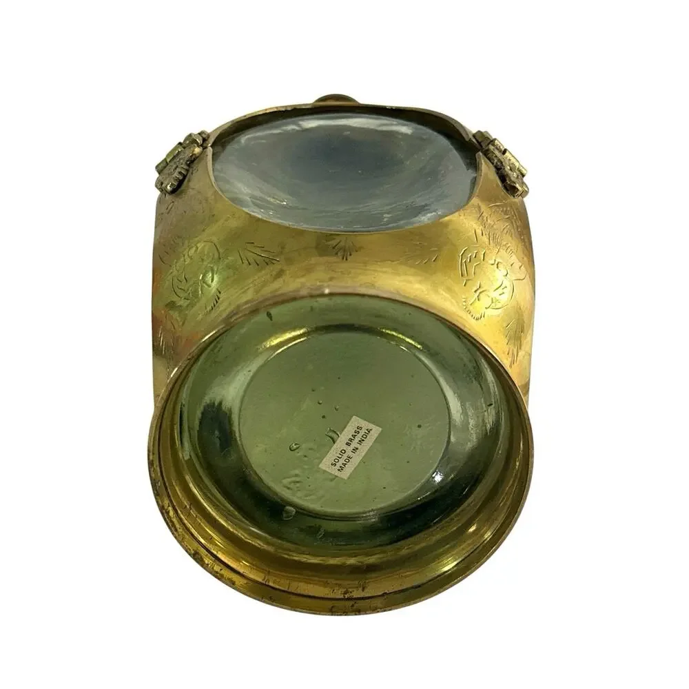 Vintage Indian Solid Brass & Glass Liquor Decanter Flask with Cup Stopper 10”